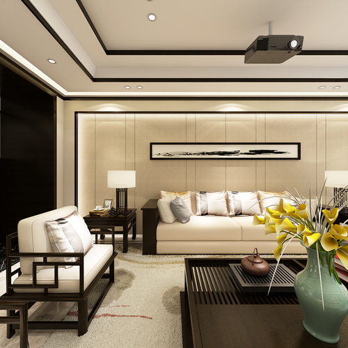 新中式客厅全景3d模型