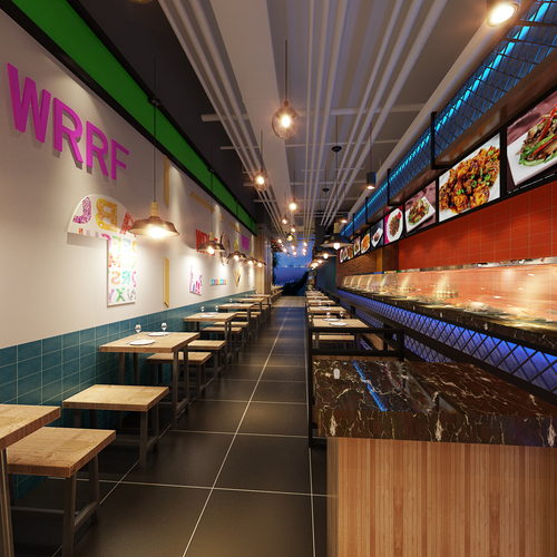 现代快餐店 现代餐饮空间 收银台 餐桌椅 吧台 吧椅 隔断 绿植 单头吊灯VR全景效果图
