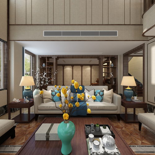 新中式客厅全景3d模型