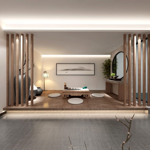 新中式极简茶室全景3d模型