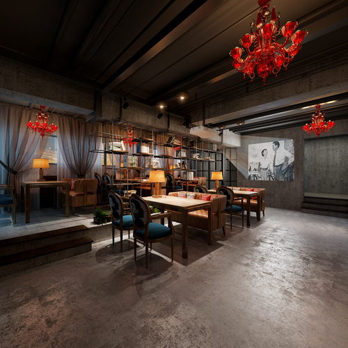 现代快餐店 现代餐饮空间 收银台 餐桌椅 吧台 吧椅 隔断 绿植 单头吊灯VR全景效果图
