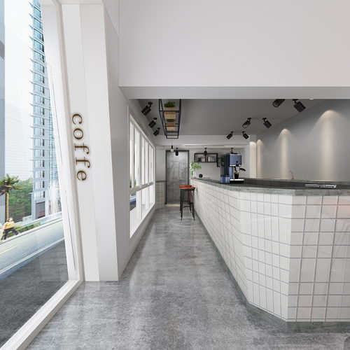 现代快餐店 现代餐饮空间 收银台 餐桌椅 吧台 吧椅 隔断 绿植 单头吊灯VR全景效果图