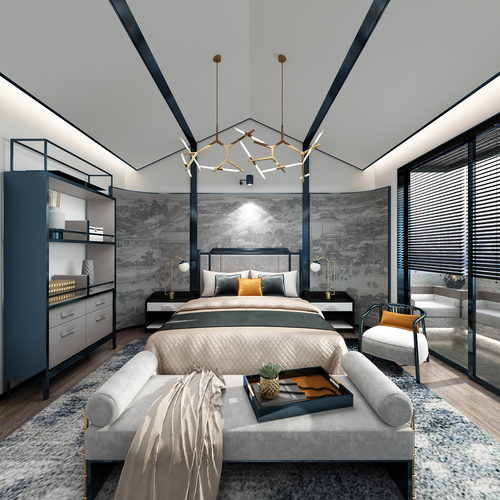 新中式主卧室全景3d模型