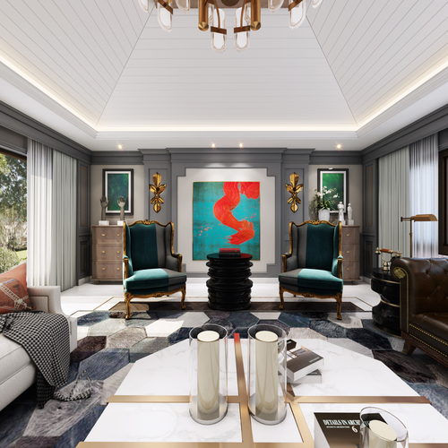 美式客厅全景3d模型