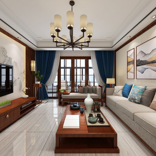 水木居装饰-海亮天城朱总-新中式全景客餐厅