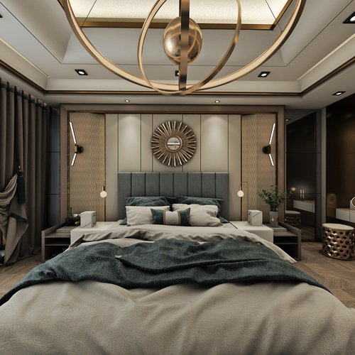 现代轻奢卧室全景3d模型