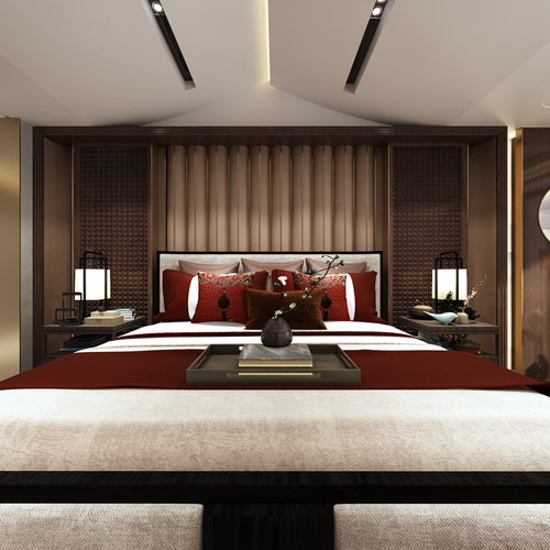 新中式卧室全景3d模型