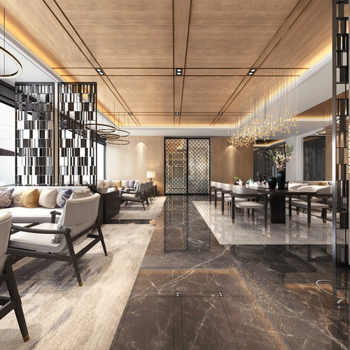 新中式酒店大堂全景3d模型