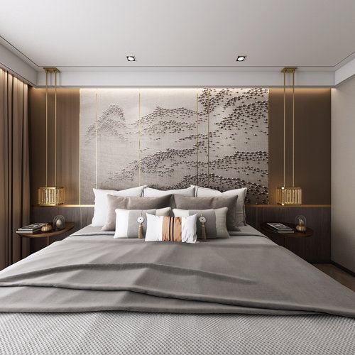 新中式主人房卧室全景3d模型