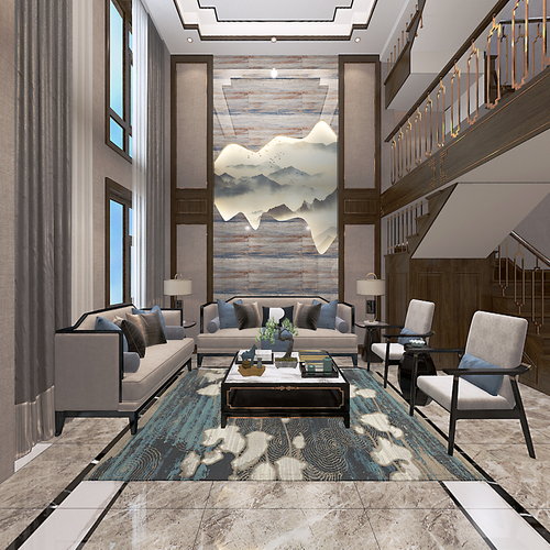 杭州名园新中式挑空客厅