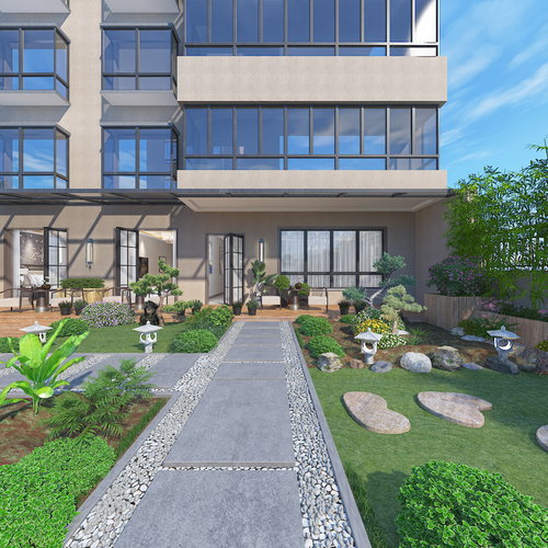 新中式庭院景观全景3d模型