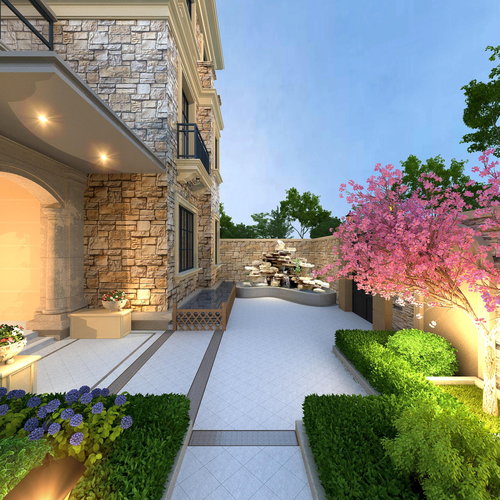 别墅外立面庭院全景