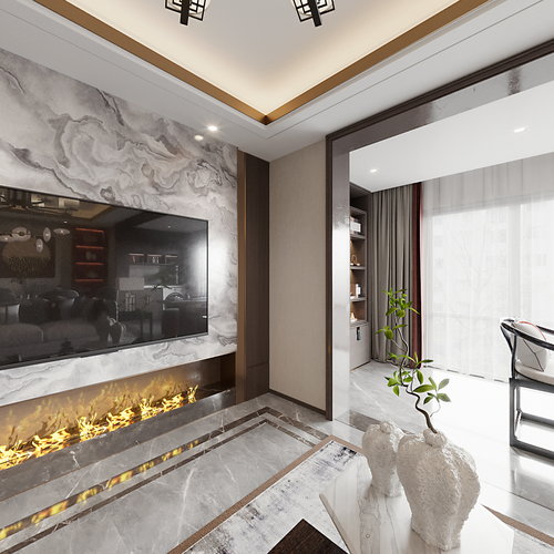 新中式客餐厅全景3d模型