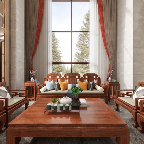 新中式别墅客餐厅全景3d模型