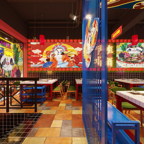 国潮风餐饮效果表现——国潮脸谱, 麒麟图腾,国风名画,龙凤呈祥 装修