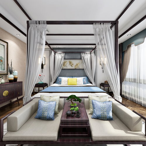 中式卧室全景3d模型