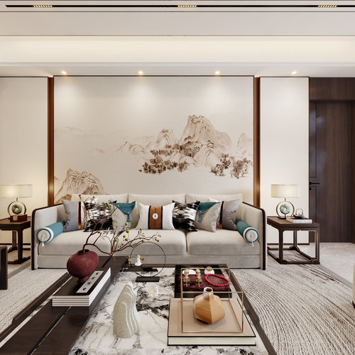 新中式起居室全景3d模型