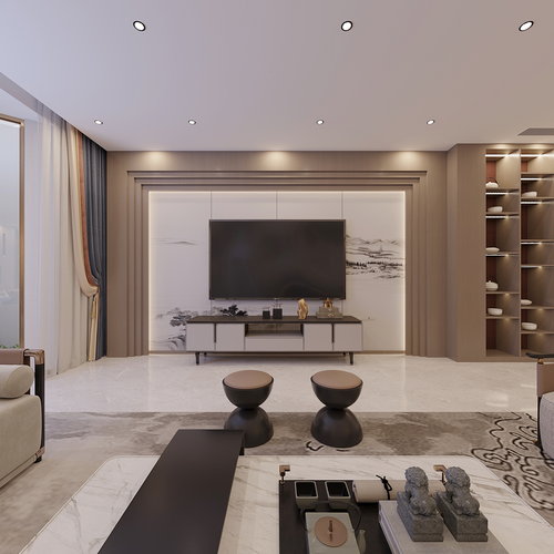 新中式地下室会客厅全景3d模型